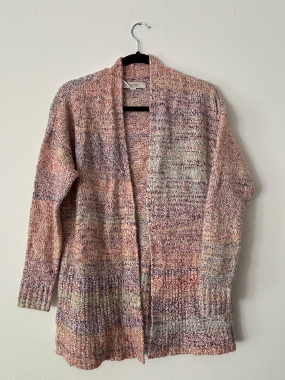 LOFT Womens M Pink Purple Space Dye Marled Knit Open Front Longline Cardigan